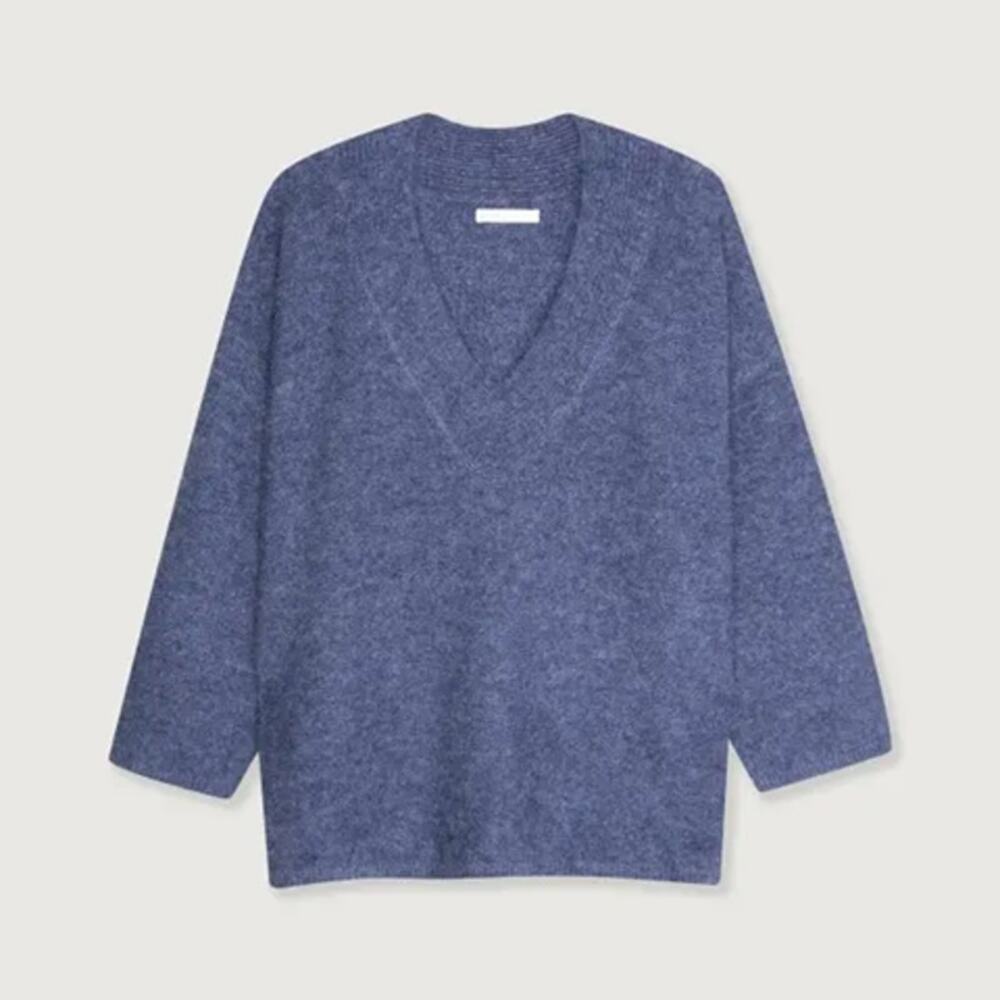 Oak + Fort V-Neck Long Sleeve Wool Blend Oversized Sweater Heather Blue Small